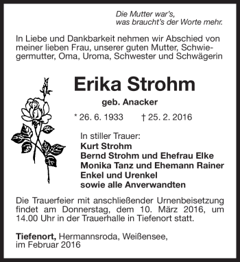 Traueranzeige von Erika Strohm von Südthüringer Presse