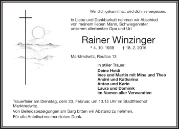 Traueranzeige von Rainer Winzinger von Frankenpost