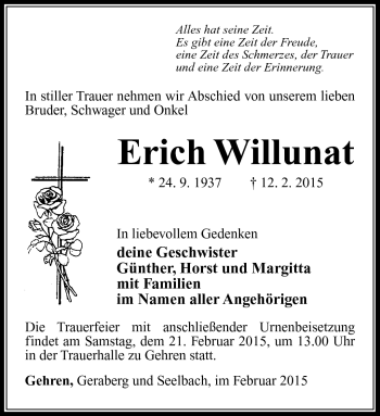 Traueranzeige von Erich Willunat von Südthüringer Presse