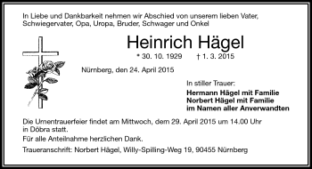Traueranzeige von Heinrich Hägel von Frankenpost