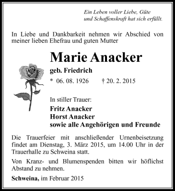 Traueranzeige von Marie Anacker von Südthüringer Presse