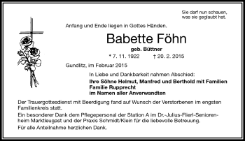 Traueranzeige von Babette Föhn von Frankenpost