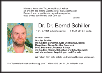 Traueranzeige von Bernd Schiller von Frankenpost