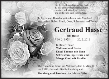 Traueranzeige von Gertraud Hasse von Südthüringer Presse
