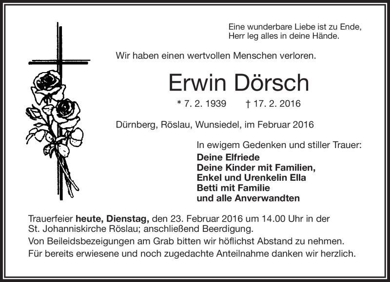  Traueranzeige für Erwin Dörsch vom 23.02.2016 aus Frankenpost