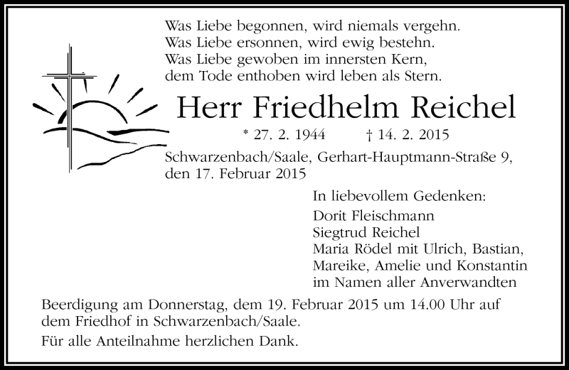  Traueranzeige für Friedhelm Reichel vom 17.02.2015 aus Frankenpost