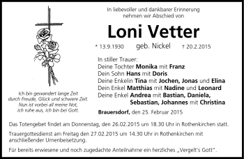 Traueranzeige von Loni Vetter von Neue Presse Coburg