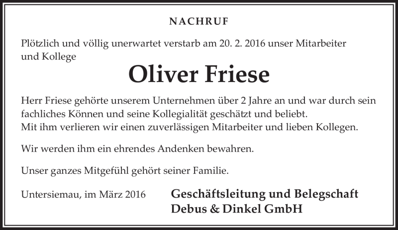 Traueranzeige für Oliver Friese vom 05.03.2016 aus Neue Presse Coburg