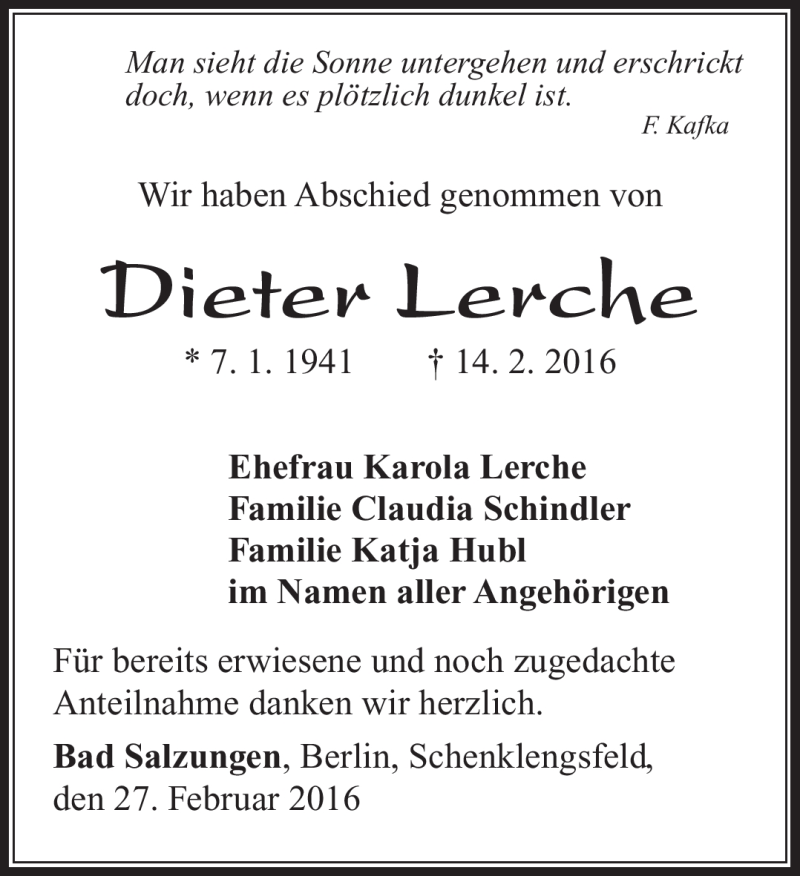  Traueranzeige für Dieter Lerche vom 27.02.2016 aus Südthüringer Presse