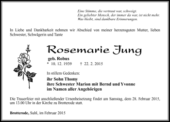 Traueranzeige von Rosemarie Jung von Südthüringer Presse