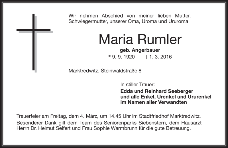  Traueranzeige für Maria Rumler vom 03.03.2016 aus Frankenpost