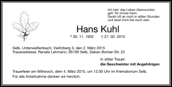 Traueranzeige von Hans Kuhl von Frankenpost