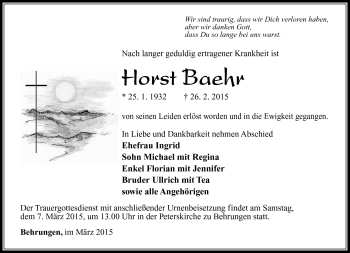 Traueranzeige von Horst Baehr von Südthüringer Presse
