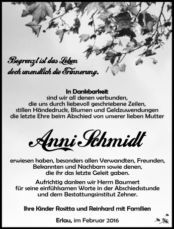 Traueranzeige von Anni Schmidt von Südthüringer Presse