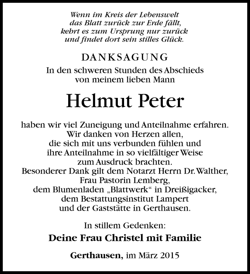  Traueranzeige für Helmut Peter vom 13.03.2015 aus Südthüringer Presse