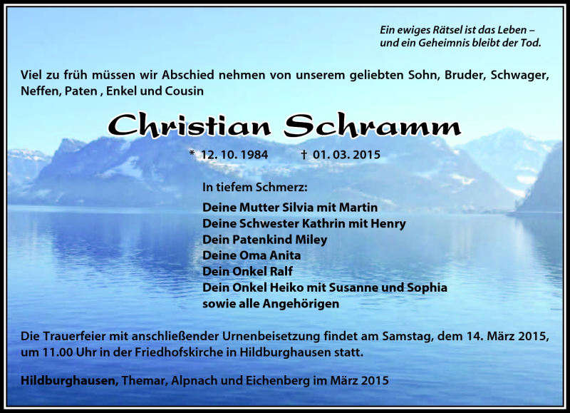  Traueranzeige für Christian Schramm vom 07.03.2015 aus Südthüringer Presse