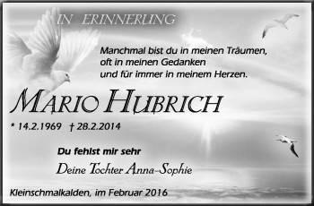 Traueranzeige von Mario Hubrich von Südthüringer Presse