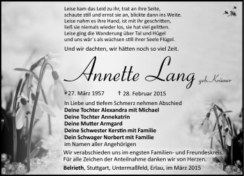 Traueranzeige von Annette Lang von Südthüringer Presse