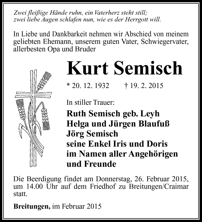  Traueranzeige für Kurt Semisch vom 24.02.2015 aus Südthüringer Presse