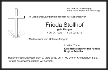 Traueranzeige von Frieda Stollhof von Frankenpost