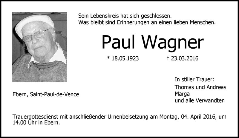  Traueranzeige für Paul Wagner vom 26.03.2016 aus Neue Presse Coburg