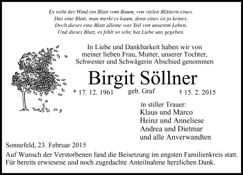 Traueranzeige von Birgit Söllner von Neue Presse Coburg