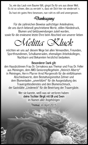 Traueranzeige von Melitta Kluck von Südthüringer Presse