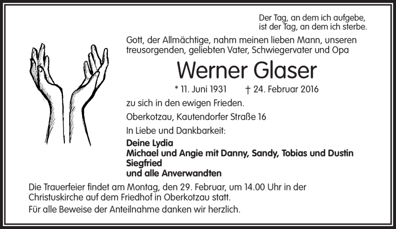  Traueranzeige für Werner Glaser vom 27.02.2016 aus Frankenpost