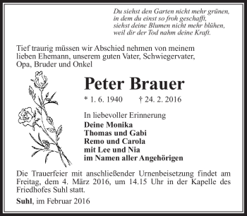 Traueranzeige von Peter Brauer von Südthüringer Presse