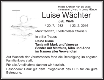 Traueranzeige von Luise Wächter von Frankenpost