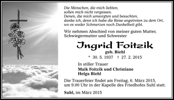 Traueranzeige von Ingrid Foitzik von Südthüringer Presse