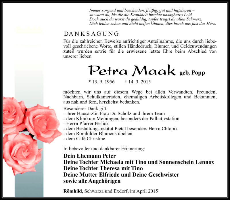  Traueranzeige für Petra Maak vom 18.04.2015 aus Südthüringer Presse