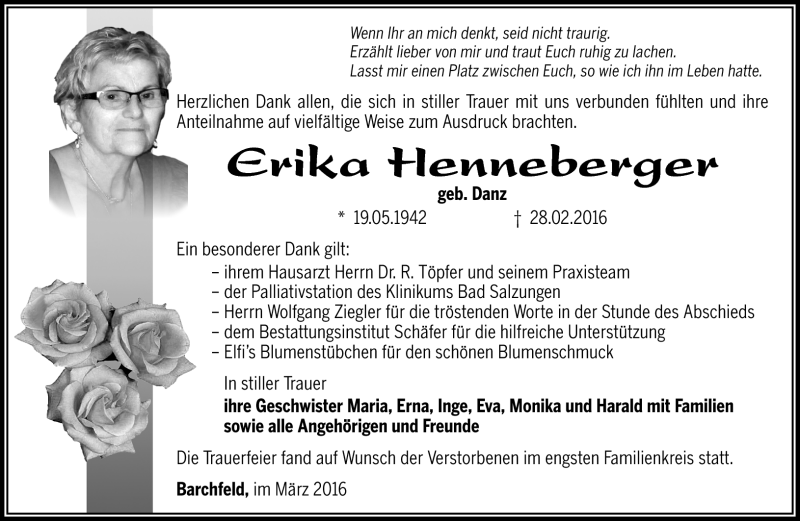  Traueranzeige für Erika Henneberger vom 12.03.2016 aus Südthüringer Presse