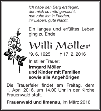 Traueranzeige von Willi Möller von Südthüringer Presse