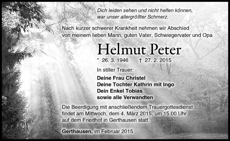  Traueranzeige für Helmut Peter vom 28.02.2015 aus Südthüringer Presse