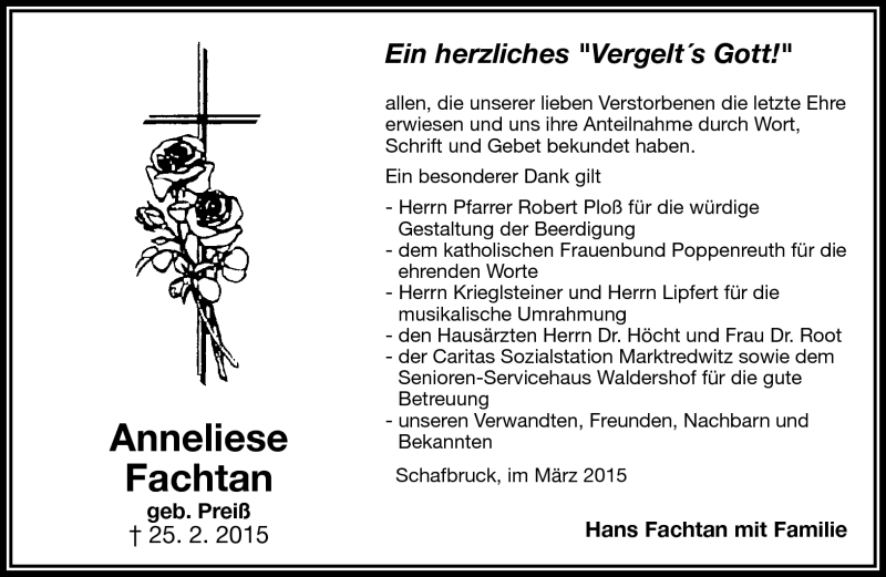  Traueranzeige für Anneliese Fachtan vom 21.03.2015 aus Frankenpost