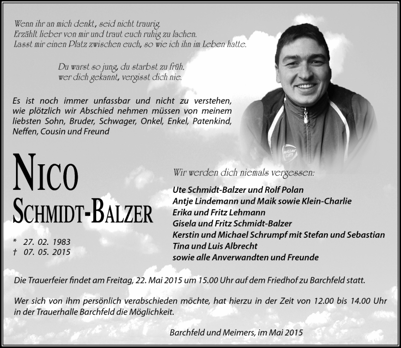  Traueranzeige für Nico Schmidt-Balzer vom 19.05.2015 aus Südthüringer Presse