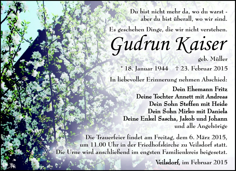  Traueranzeige für Gudrun Kaiser vom 28.02.2015 aus Südthüringer Presse