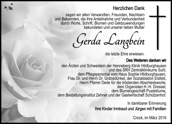 Traueranzeige von Gerda Langbein von Südthüringer Presse