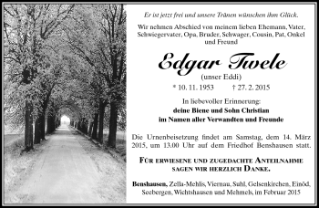 Traueranzeige von Edgar Twele von Südthüringer Presse