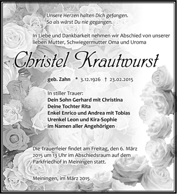 Traueranzeige von Christel Krautwurst von Südthüringer Presse