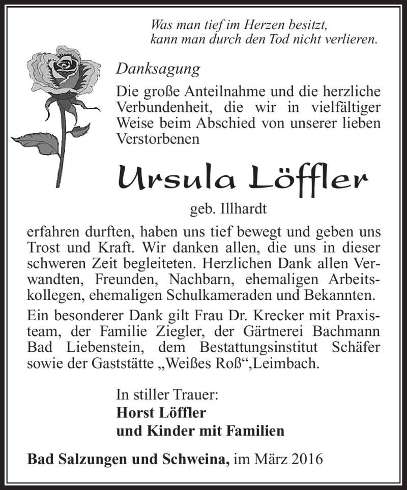 Traueranzeige für Ursula Löffler vom 19.03.2016 aus Südthüringer Presse