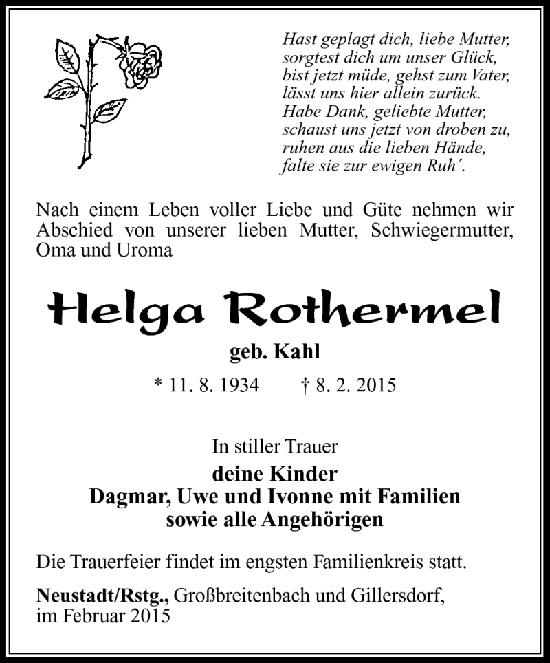  Traueranzeige für Helga Rothermel vom 17.02.2015 aus Südthüringer Presse