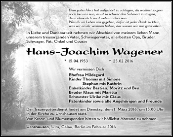 Traueranzeige von Hans-Joachim Wagener von Südthüringer Presse
