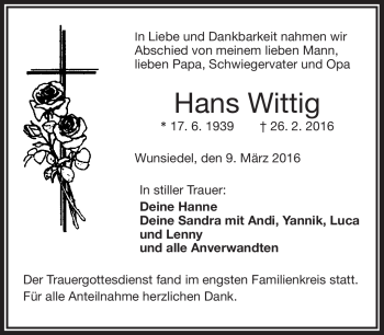 Traueranzeige von Hans Wittig von Frankenpost