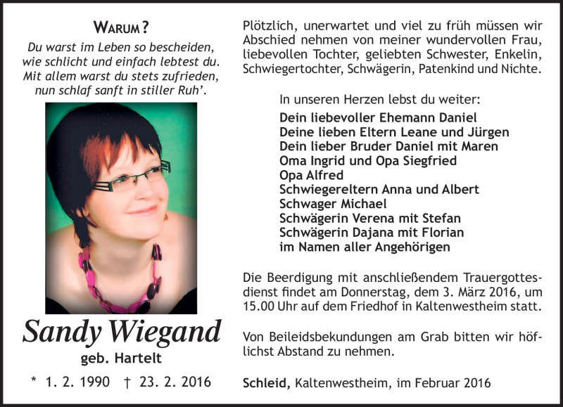  Traueranzeige für Sandy Wiegand vom 01.03.2016 aus Südthüringer Presse