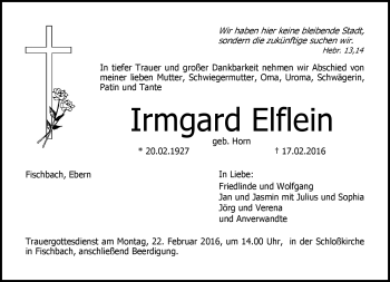 Traueranzeige von Irmgard Elflein von Neue Presse Coburg