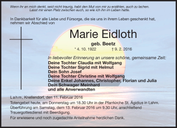 Traueranzeige von Marie Eidloth von Neue Presse Coburg