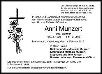 Traueranzeige von Anni Munzert von Frankenpost