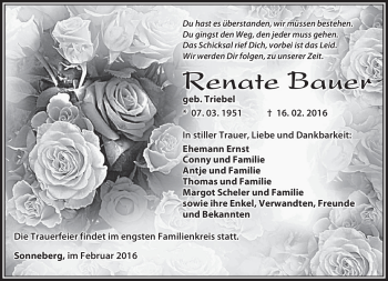 Traueranzeige von Renate Bauer von Südthüringer Presse
